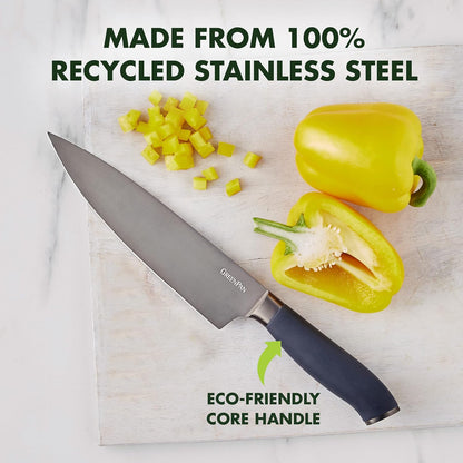 GreenPan Elite 8 Piece Steak Knife Set, Professional Stainless Steel Blades with Titanium Coating, Ultra-Sharp Dining Knives, Kitchen Cutlery, Ergonomic Wood Handles, Wooden Storage Box
