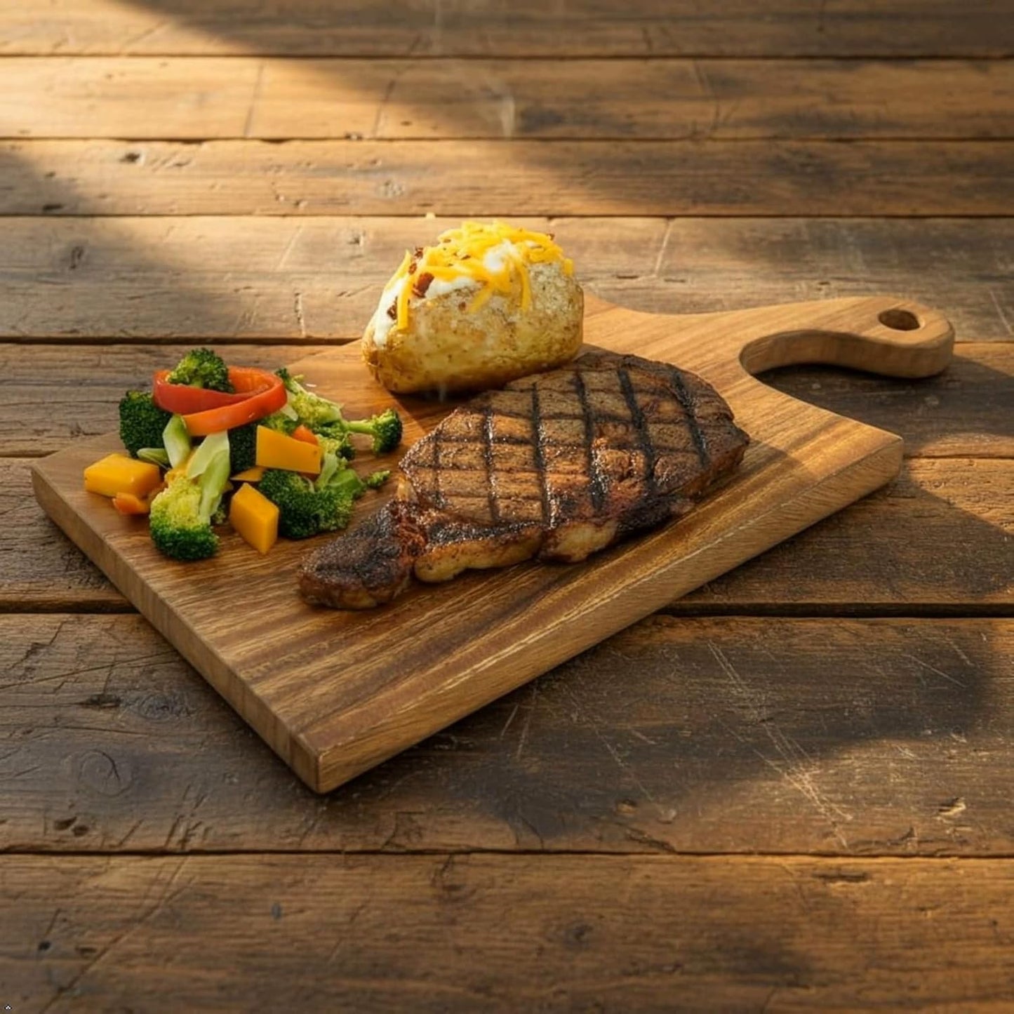 Acacia Wood Cutting Board with Handle, Single Piece Solid Wood, Double Sided Charcuterie and Bread Board, Small Knife Friendly Kitchen Prep Board, 15 x 8 Inch