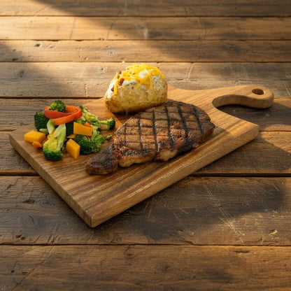 Acacia Wood Cutting Board with Handle, Single Piece Solid Wood, Double Sided Charcuterie and Bread Board, Small Knife Friendly Kitchen Prep Board, 15 x 8 Inch