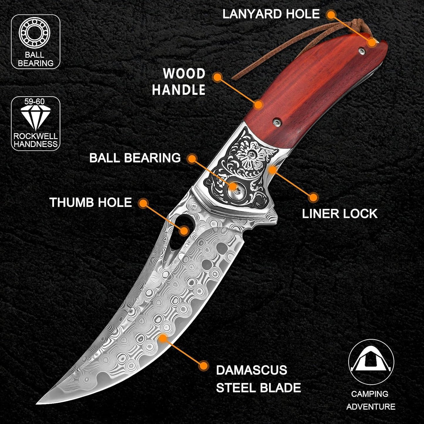 KOMWERO Damascus Pocket Knife for Men, VG10 Core Damascus Steel Folding Knife with Wood Handle, Ball Bearing, Thumb Hole, Liner Lock, Sheath for EDC Outdoor Survival Hunting