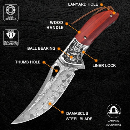 KOMWERO Damascus Pocket Knife for Men, VG10 Core Damascus Steel Folding Knife with Wood Handle, Ball Bearing, Thumb Hole, Liner Lock, Sheath for EDC Outdoor Survival Hunting
