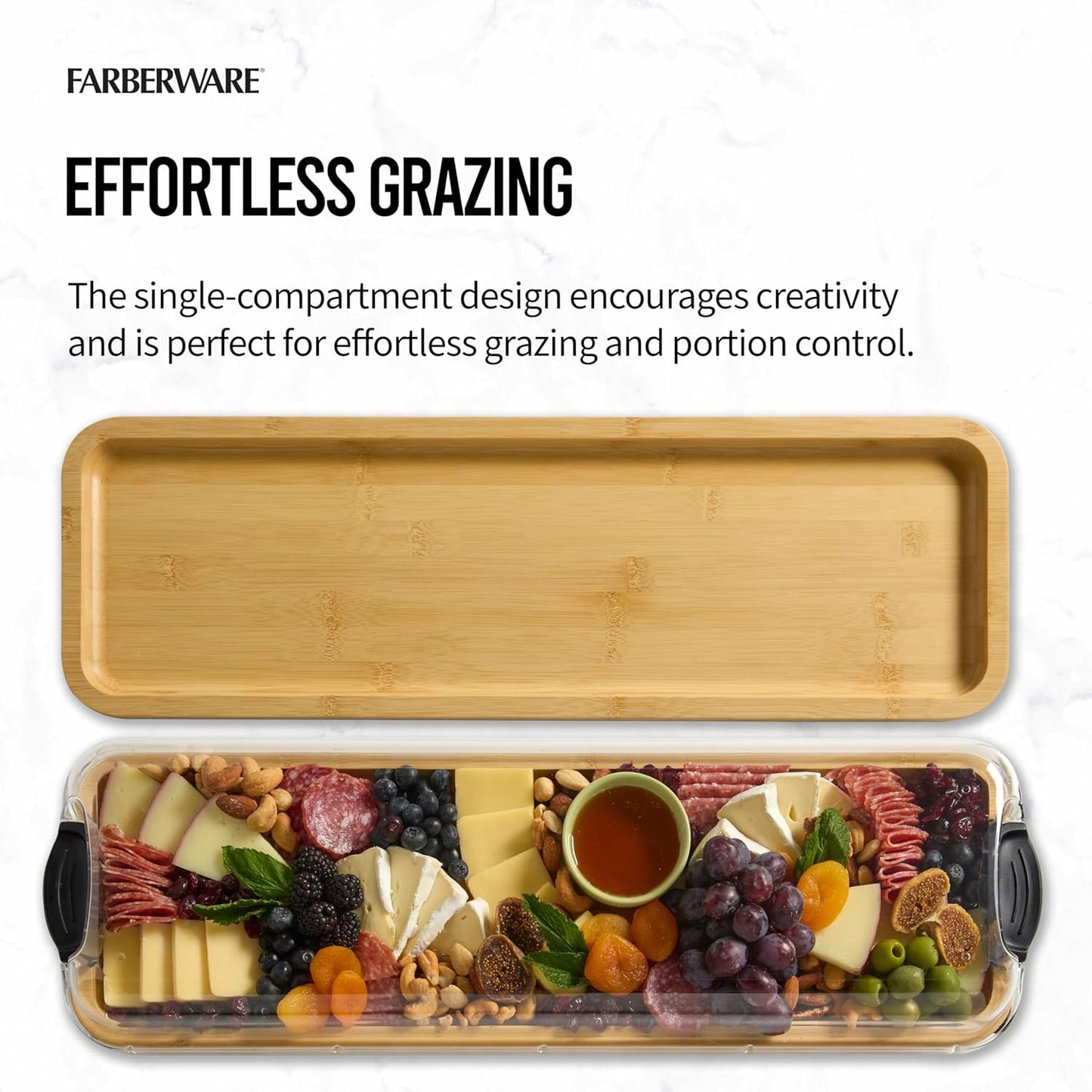 Farberware Build-A-Board Bamboo Cutting Board with Single Storage Compartment, Clear Locking Lid, Black Handles, Perfect for Charcuterie & Snacks