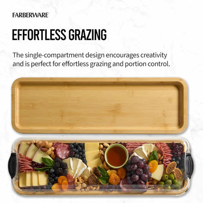 Farberware Build-A-Board Bamboo Cutting Board with Single Storage Compartment, Clear Locking Lid, Black Handles, Perfect for Charcuterie & Snacks