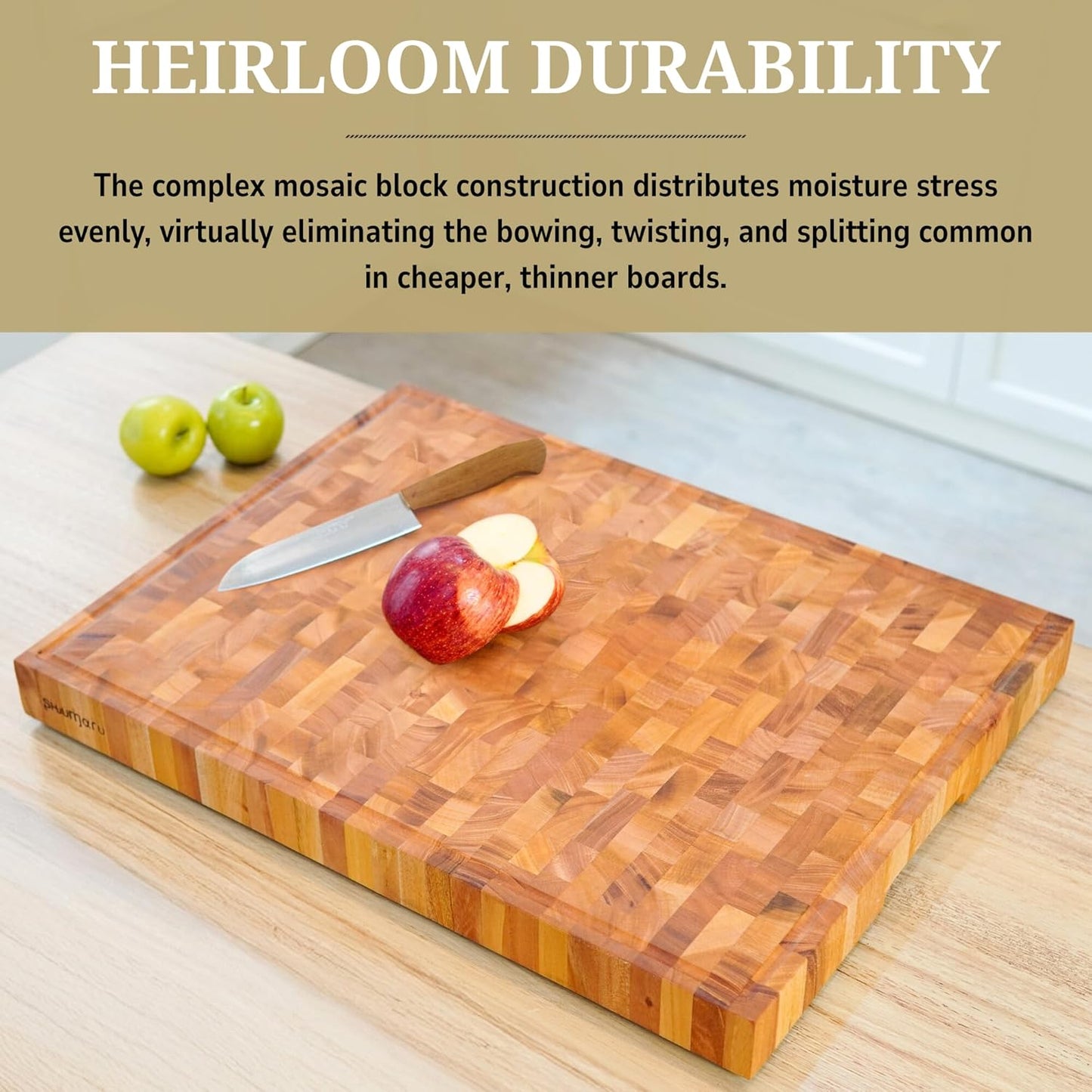 SHUMARU Mahogany End Grain Cutting Board, 17×13×1.6 in – Handmade Butcher Block, Knife-Friendly, Juice Groove, Non-Slip Feet