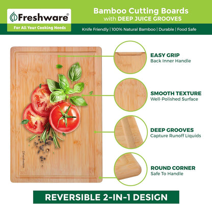 Freshware Bamboo Cutting Board Set of 3, Wooden Cutting Boards for Kitchen, Knife Friendly Food Grade Chopping Board, Lightweight with Hanging Hole for Easy Storage