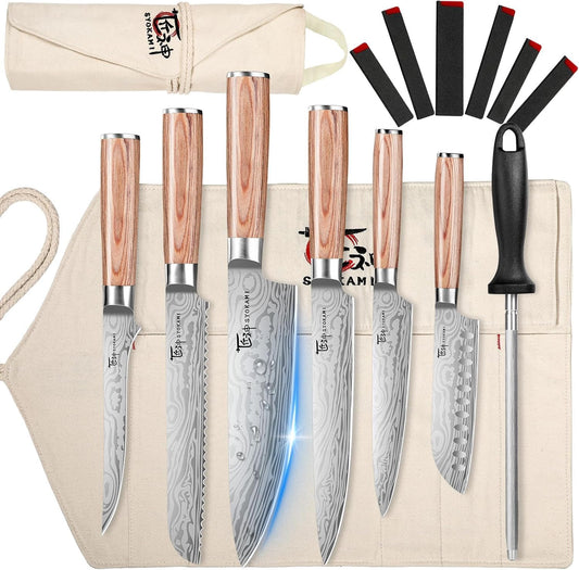 14pcs Chef Knife Set with Roll Bag, Professional Stainless Steel Japanese Knife Set with Pakkawood Handle for Professional Chef, Camping, Travel, BBQ, RV or Gift