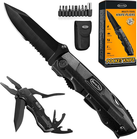 RoverTac Pocket Knife, 15-in-1 Multitool with Pliers, Bottle & Can Opener, 9 Screwdriver Bits, Locking Mechanism & Nylon Sheath - EDC Multi Tool for Camping, Hiking & DIY, Gift for Men & Dad