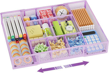 Marbrasse Expandable Desk Drawer Organizer, Mesh Drawer Organizer Tray with 10 Adjustable Compartments, Desk Organizers and Accessories for Office Supplies, Makeup & Vanity (Expandable White-2 pack)