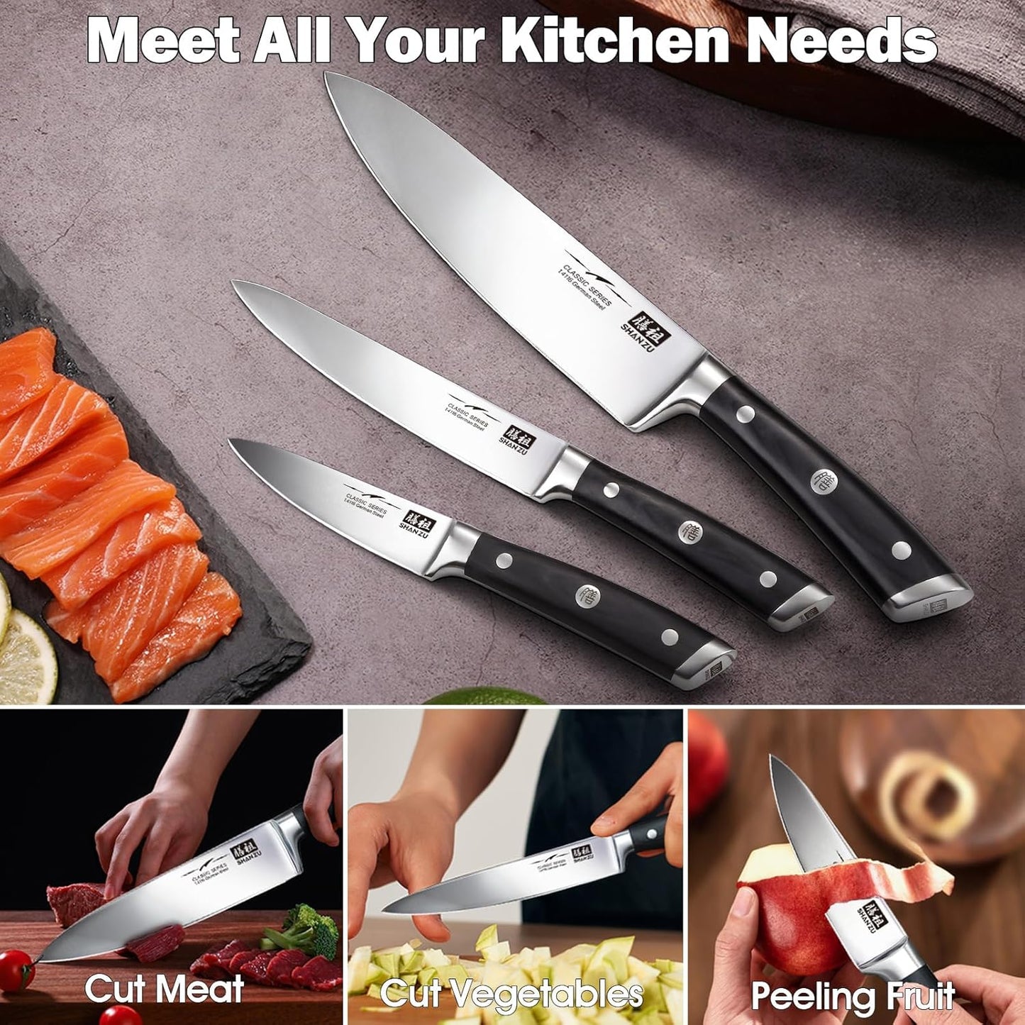 SHAN ZU 3Pcs BBQ Carving Knife Set with Sheath – for Turkey, Meat, BBQ, Brisket, Razor Sharp Slicing Knife, Professional 5Cr15MoV Stainless Steel, Ergonomic Full Tang Wood Handle, Gift Box Included