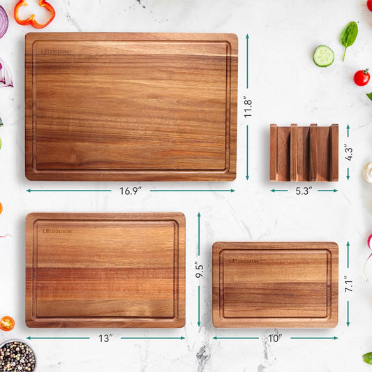 Acacia Wood Cutting Board Set of 3, Solid Wood Cutting Board with Holder, Deep Juice Grooves & Built-in Handles, Durable Wooden Chopping Board Set for Meat, Vegetables, Cheese, Kitchen Prep