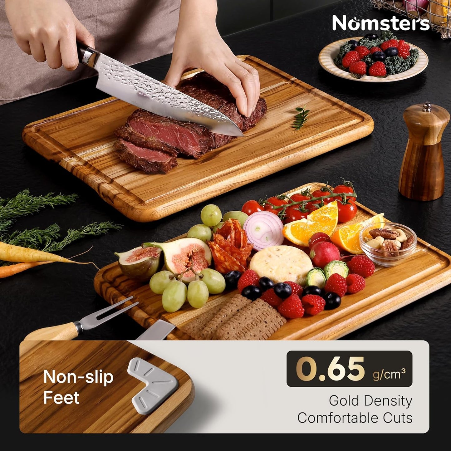 4 Pack Teak Cutting Board Set for Kitchen Heavy Duty Non Toxic Non Slip Solid Thick Wood Haus Chopping Board Extra Large Big Small Meat Best Wooden Charcuterie Board