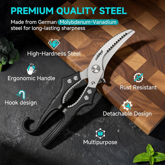 Heavy Duty Poultry Shears, Molybdenum-Vanadium Steel Kitchen Scissors for Chicken Bone and Meat, Ergonomic Non-Slip Handle with Spring Loaded & Safety Lock, Sharp Food Shears for Kitchen