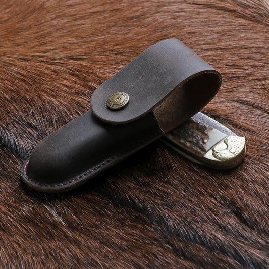 Tourbon 5" Folding Pocket Knife Sheath with 2" Belt Loop Leather Knives Case Pouch Holster Holder EDC Snap Closure for Outdoor Climbing Camping Cycling Hiking
