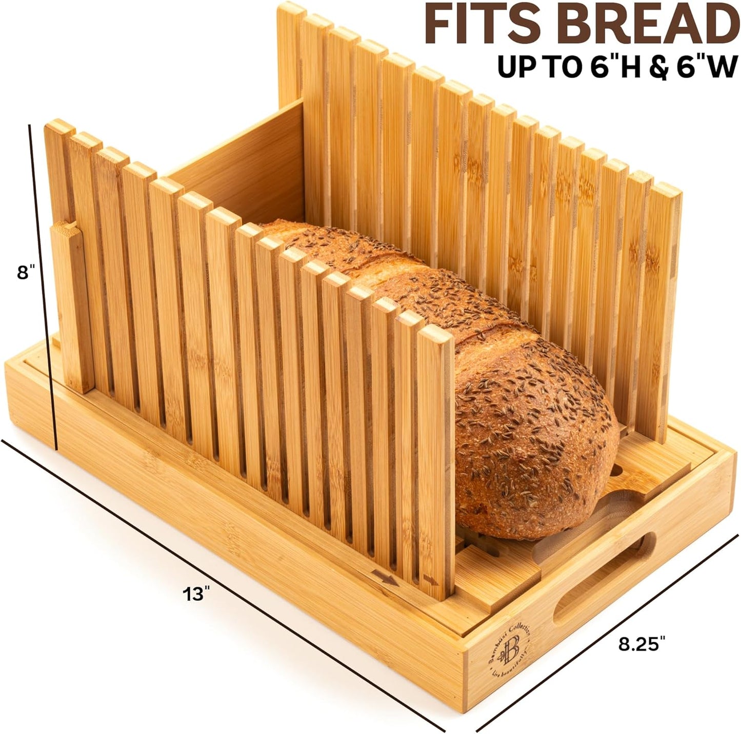 Bread Slicer for Homemade Bread - Adjustable Bamboo Bread Cutter with Knife, Foldable Slicing Guide & Crumb Tray - Bread Loaf Slicer for Sourdough, Cakes, Bagels, Loaves - Kitchen Gadgets Baking Gifts