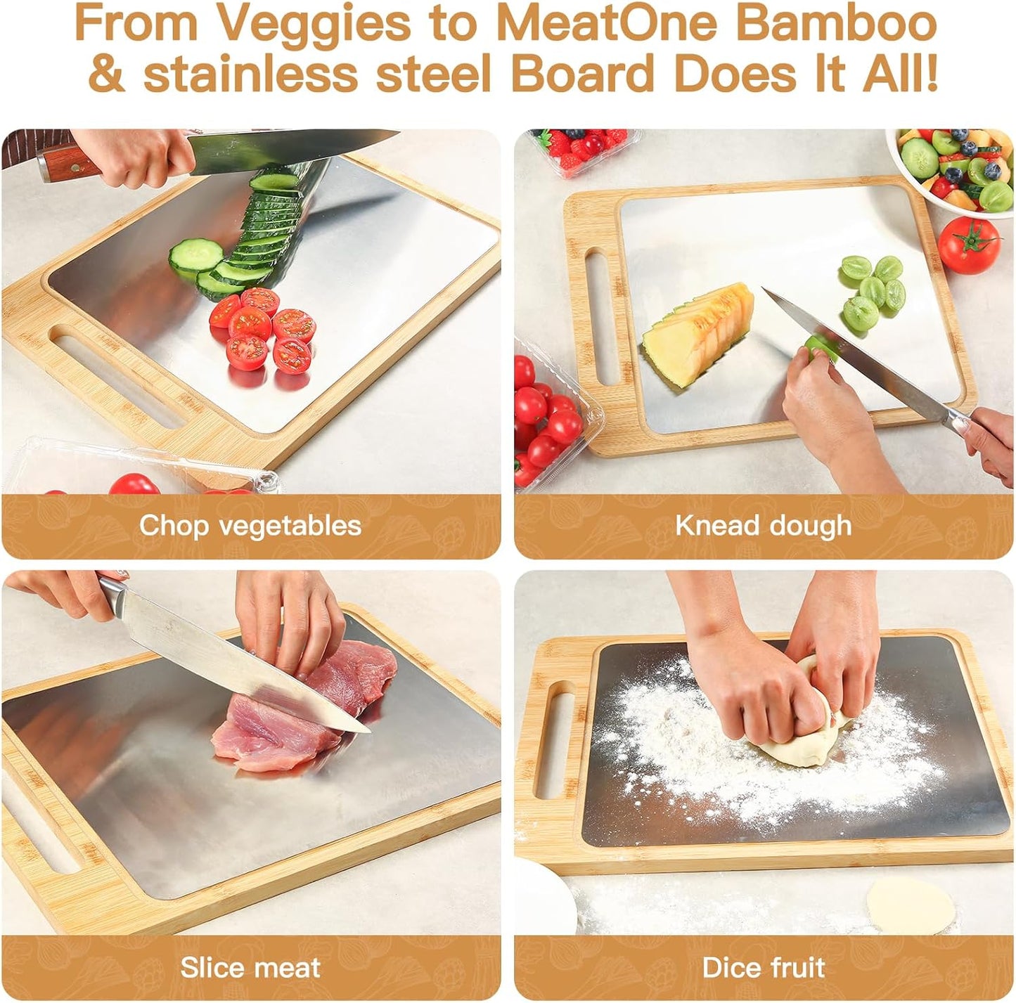3PCS Bamboo & Titanium Cutting Board Set – Double-Sided, Durable Chopping Boards for Kitchen Prep – Includes Handles, 3 Sizes for Vegetables, Fruits, Cheese & More