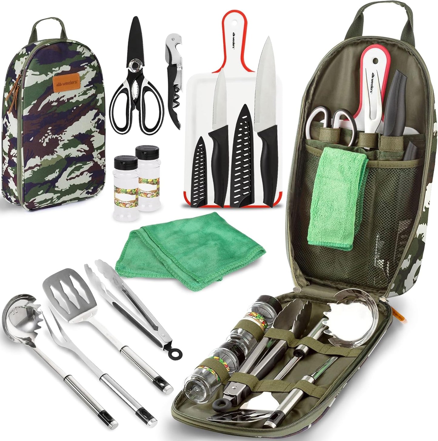 Wealers Camp Kitchen Cooking Utensil Set Travel Organizer Grill Accessories Portable Compact Gear for Backpacking BBQ Camping Hiking Travel Cookware Kit Water Resistant Case