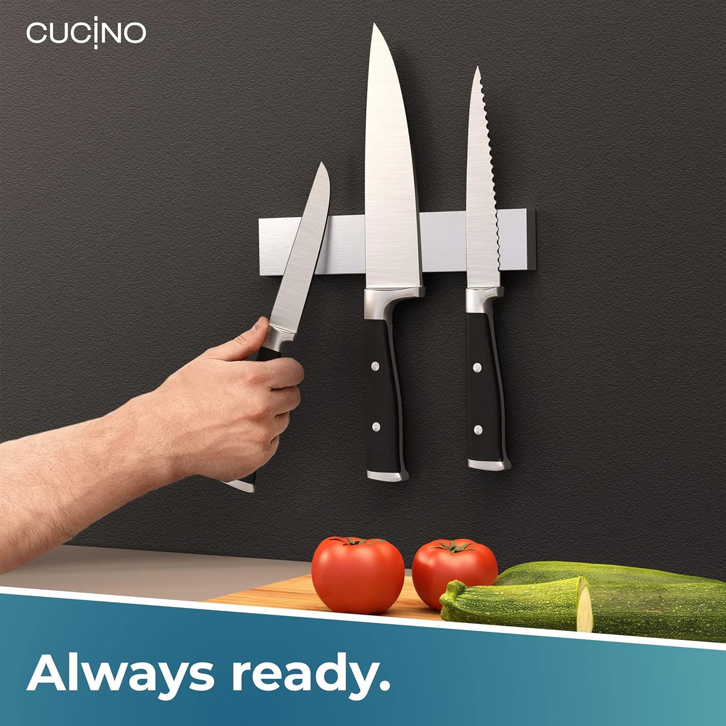 CUCINO Magnetic Knife Holder for Wall 16" - No Drilling incl. Self Adhesive Tape - Extra strong Magnet - Awarded Strip - Made of Stainless Steel
