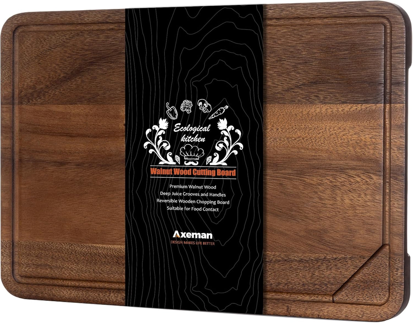 Axeman Walnut Wood Cutting Board with Juice Groove for Kitchen Countertop, Tick American Black-Walnut Wooden Chopping Board Charcuterie Board Butcher Block for Meat Vegetables, 16x10 inch