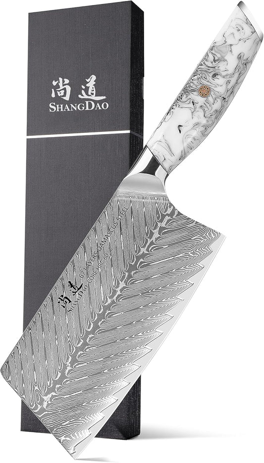 SHANGDAO 8 Inch Kiritsuke Chef Knife, Kitchen Slicing Knife Forged Damascus Steel with Blue and White Resin Handle - Full Tang - HUA Series
