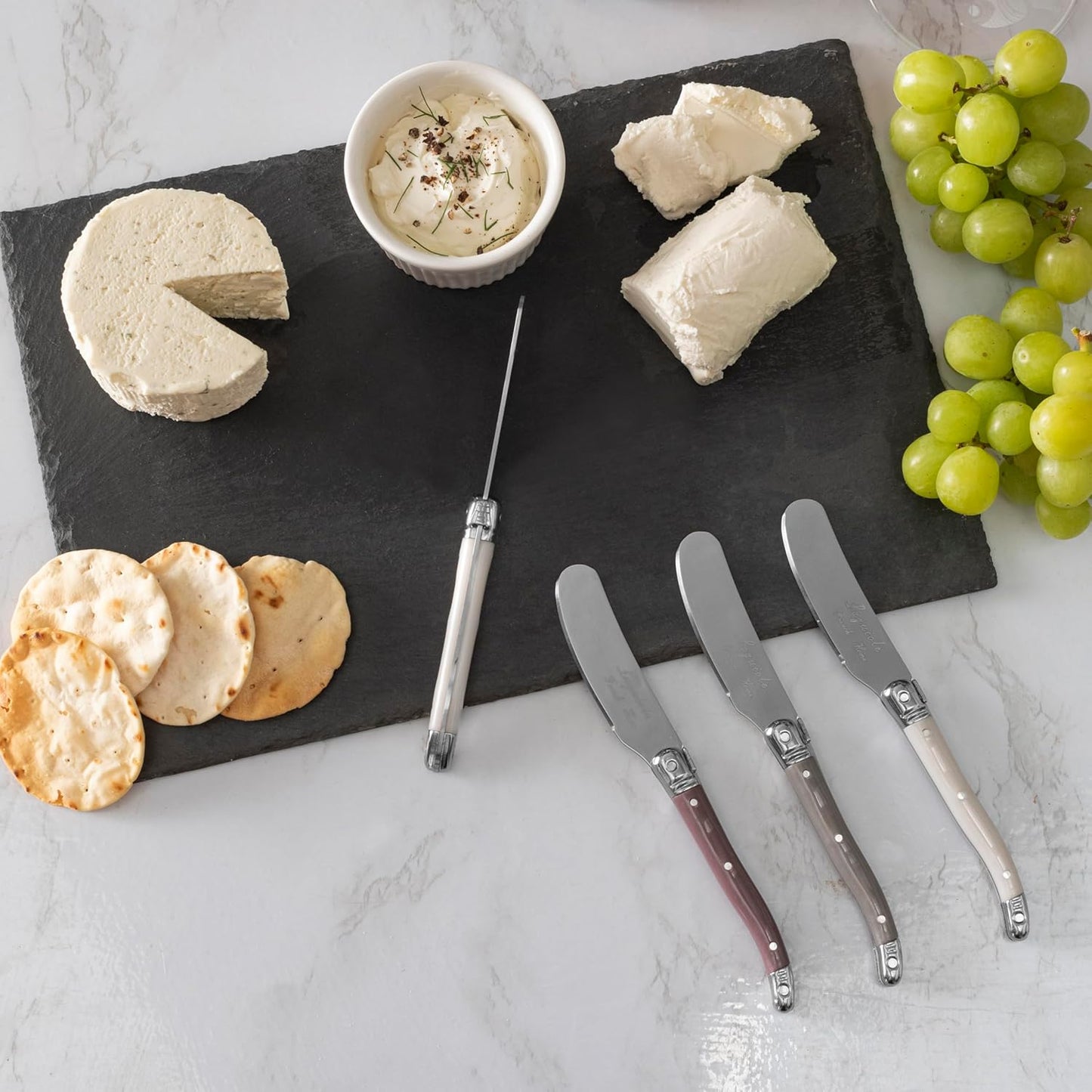 French Home Laguiole Spreader Set – 8 Piece Cheese & Butter Spreader Set with Blue and Cream Handles – Elegant & Practical Charcuterie Tools (6.25")