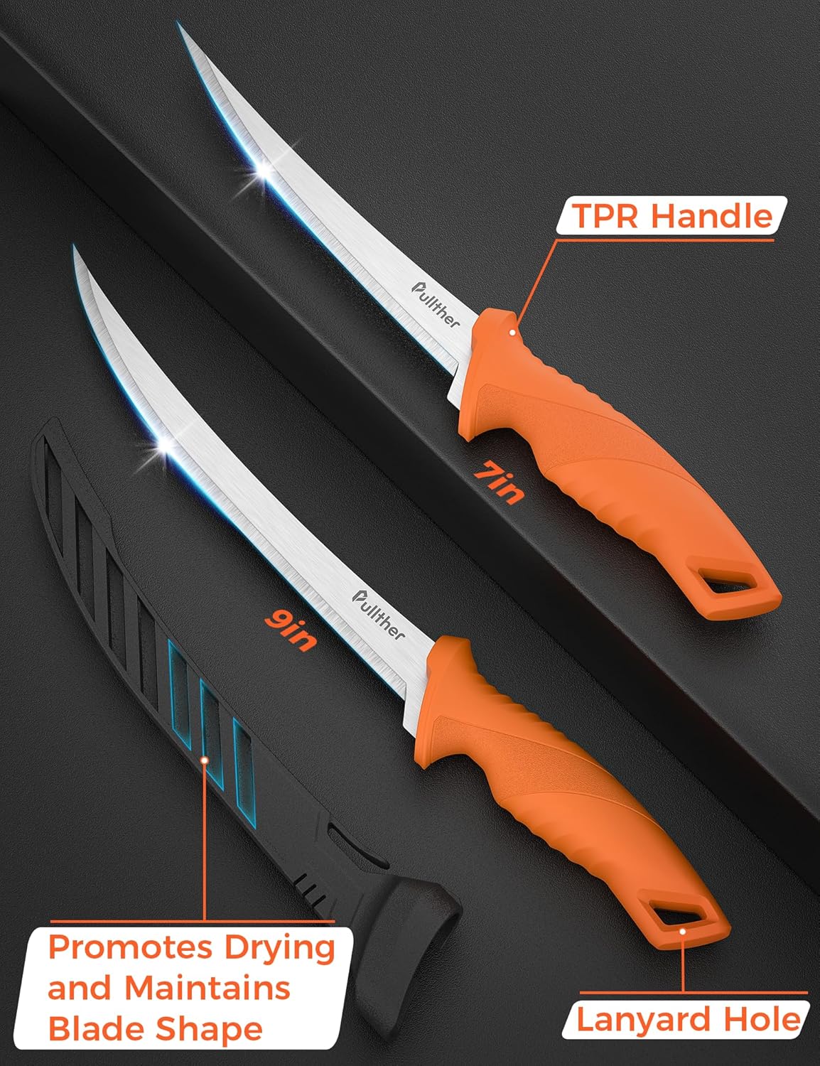 3 pcs Fillet Knife for fish,9 Inch and 7 Inch Fillet Knives,5 Inch Stainless Steel Fishing Bait Knife with Non-Slip Handle,Fishing Gear Set with Protective Sheath
