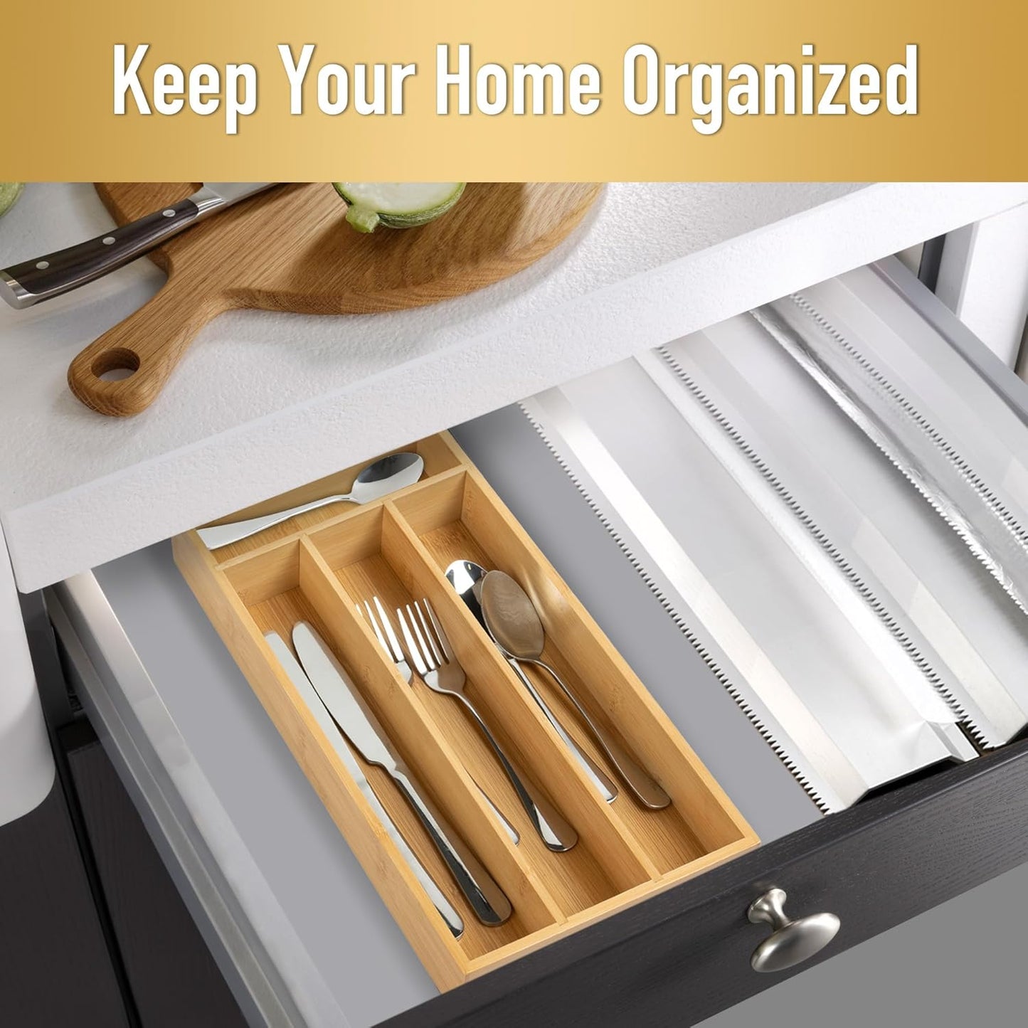 Silverware Organizer Bamboo Kitchen Drawer Organizer Utensil Organizer Silverware Holder Cutlery Organizer in drawer Flatware Organizer Tray (Black 5 Slots)