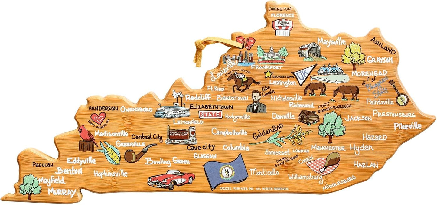Totally Bamboo Tennessee State Shaped Cutting Board and Charcuterie Serving Platter with Artwork by Fish Kiss, Includes Hang Tie for Wall Display - Colors A