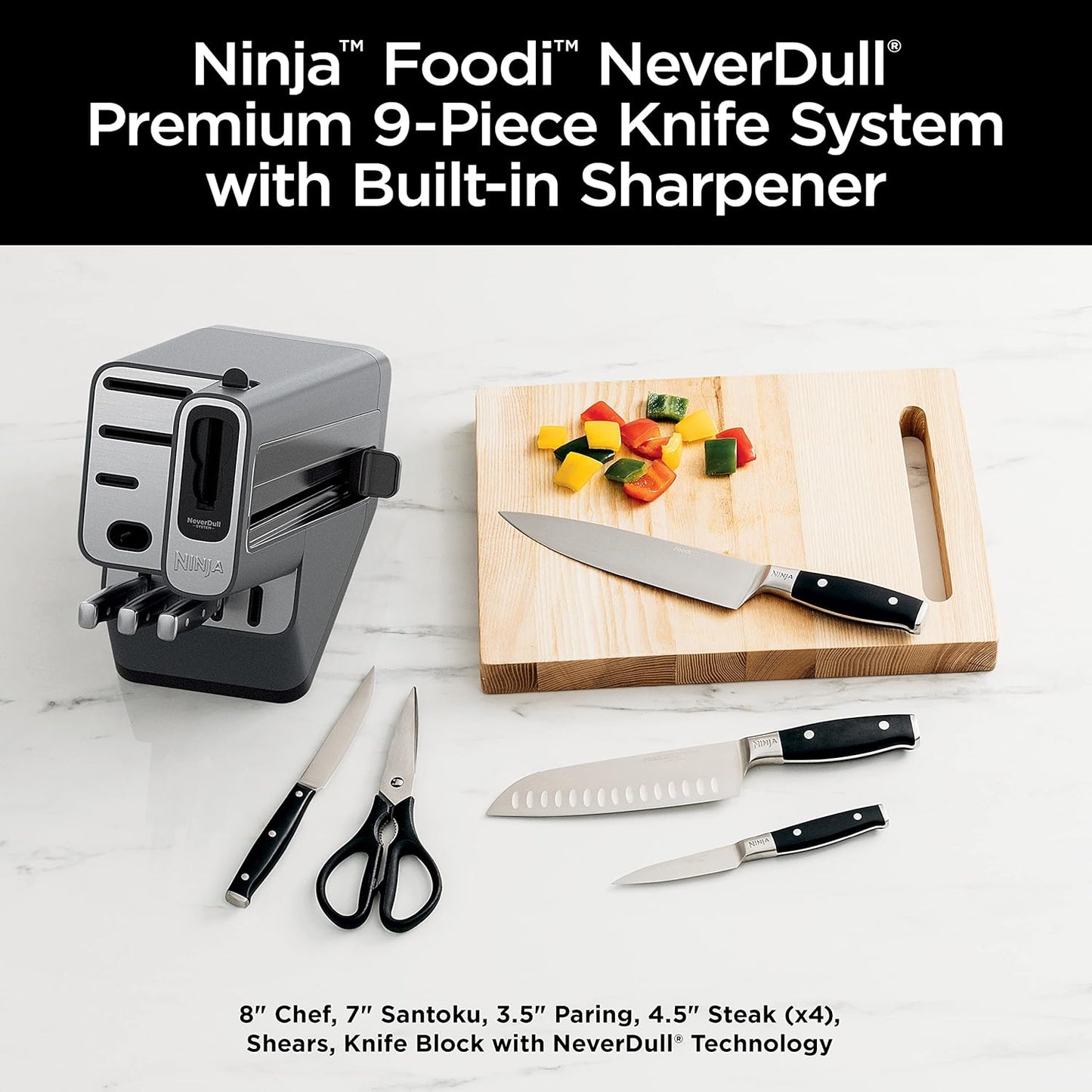 Ninja K32017 Foodi NeverDull Premium Knife System, 17 Piece Knife Block Set with Built-in Sharpener, German Stainless Steel Knives, Black