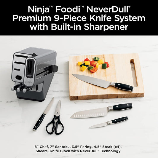 Ninja K32012 Foodi NeverDull Premium Knife System, 12 Piece Knife Block Set with Built-in Sharpener, German Stainless Steel Knives, Black