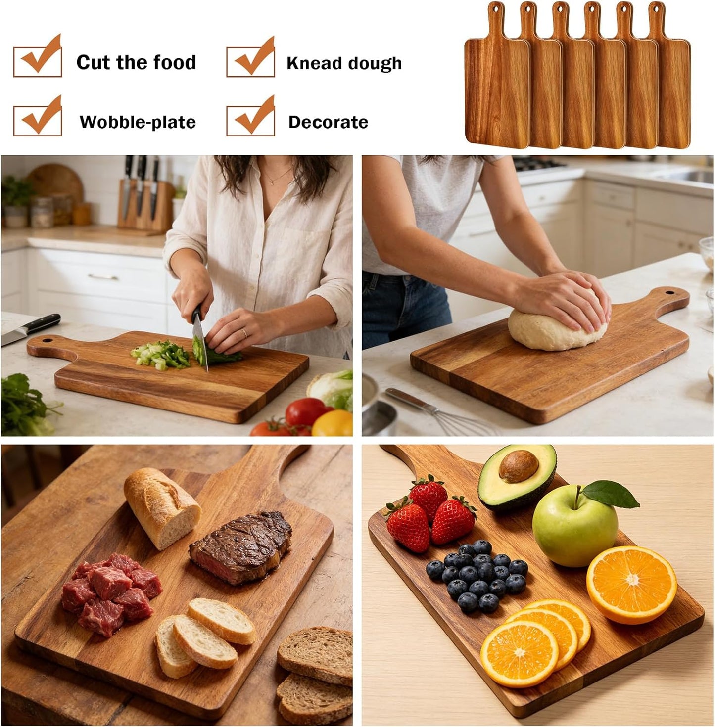 15 Pcs Wood Cutting Board with Handle 11 x 4.92 Inch Acacia Wooden Serving Kitchen Chopping Boards Wooden Serving Board with Hanging Hole for Vegetables Meat Pizza Cheese Fruit Bread