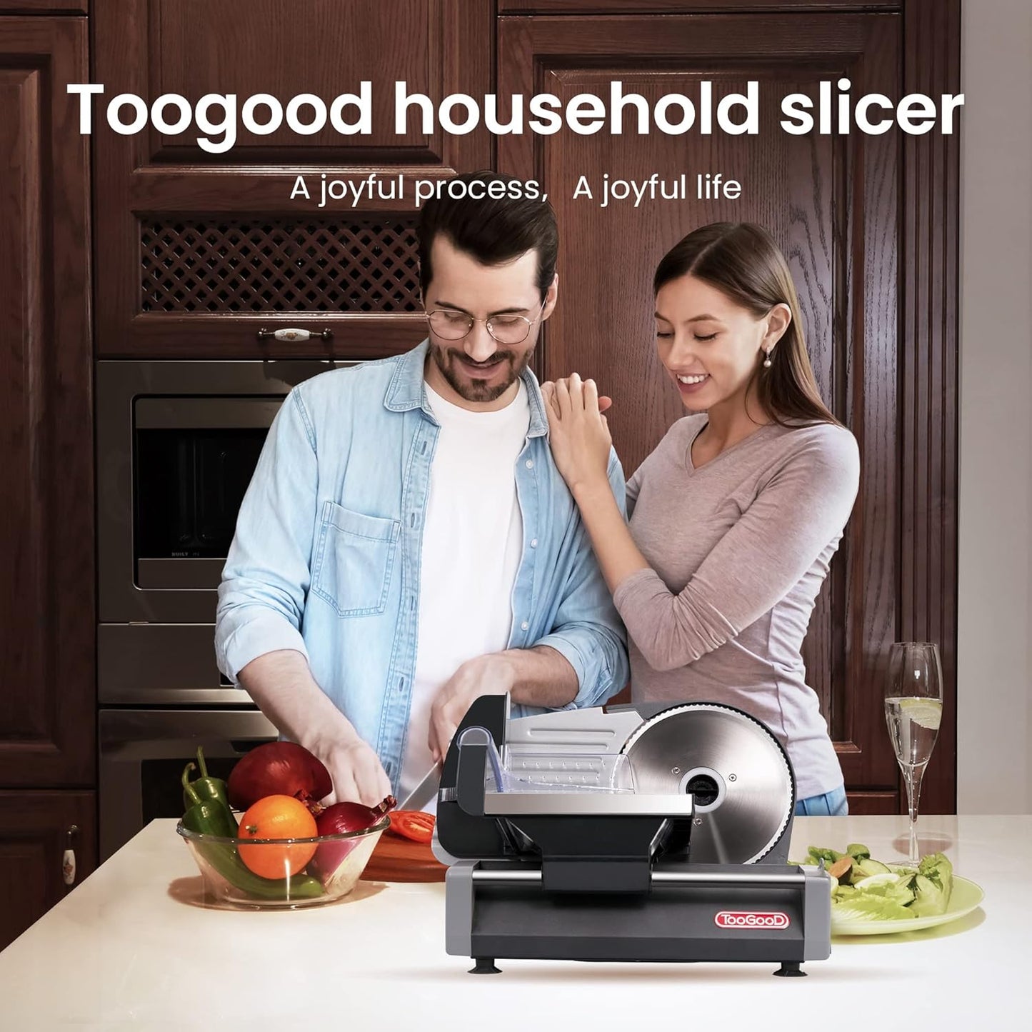 TOOGOOD 7.5" Electric Meat Slicer, with Stainless Steel Blade, Adjustable Thickness Food Slicer Machine for Home Use, Cuts Meat, Ham, Hard Cheese and Deli (Black)