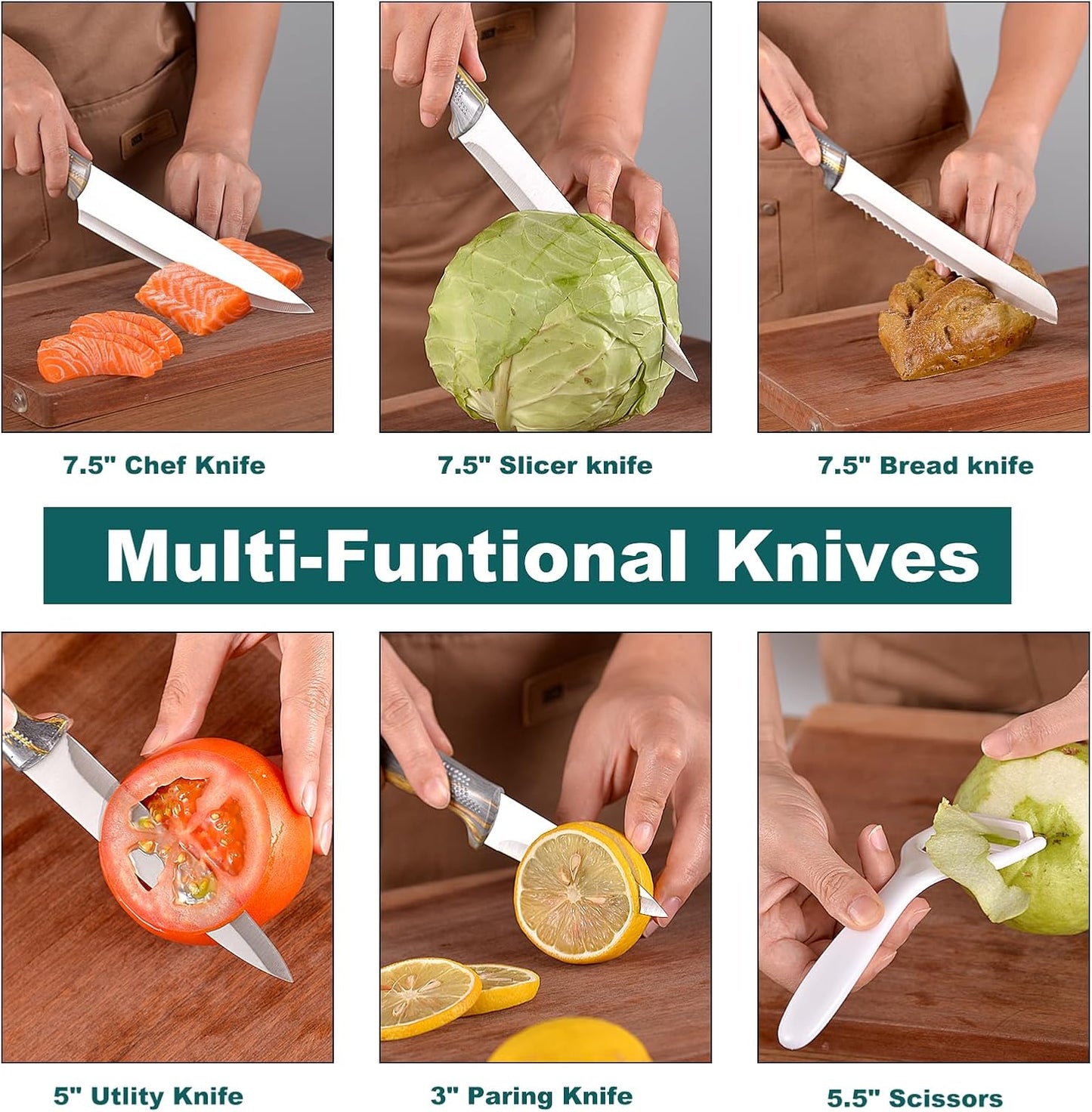 Professional 6-Piece Kitchen Knife Set with Acrylic Block - Knives Set for Kitchen, Universal Knife Block, Utility Knife Block Set, New Home Essentials, Apartment Essentials, Dishwasher Safe