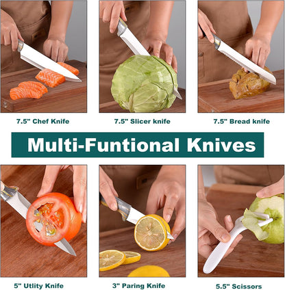Professional 6-Piece Kitchen Knife Set with Acrylic Block - Knives Set for Kitchen, Universal Knife Block, Utility Knife Block Set, New Home Essentials, Apartment Essentials, Dishwasher Safe