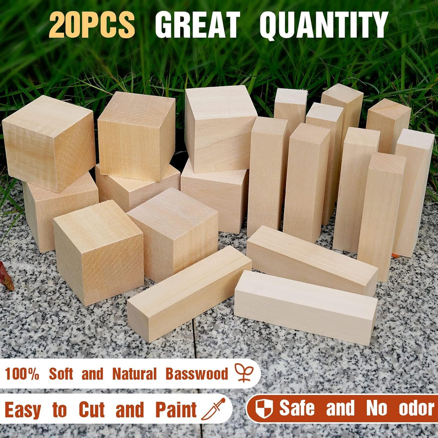 Basswood Carving Blocks, 19PCS Whittling Wood Blocks Kit with 3 Different Sizes, Bass Wood for Carving Easy to Use, for Kids and Adults