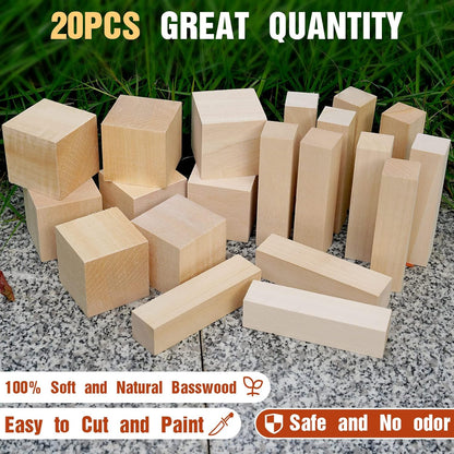 Basswood Carving Blocks, 19PCS Whittling Wood Blocks Kit with 3 Different Sizes, Bass Wood for Carving Easy to Use, for Kids and Adults