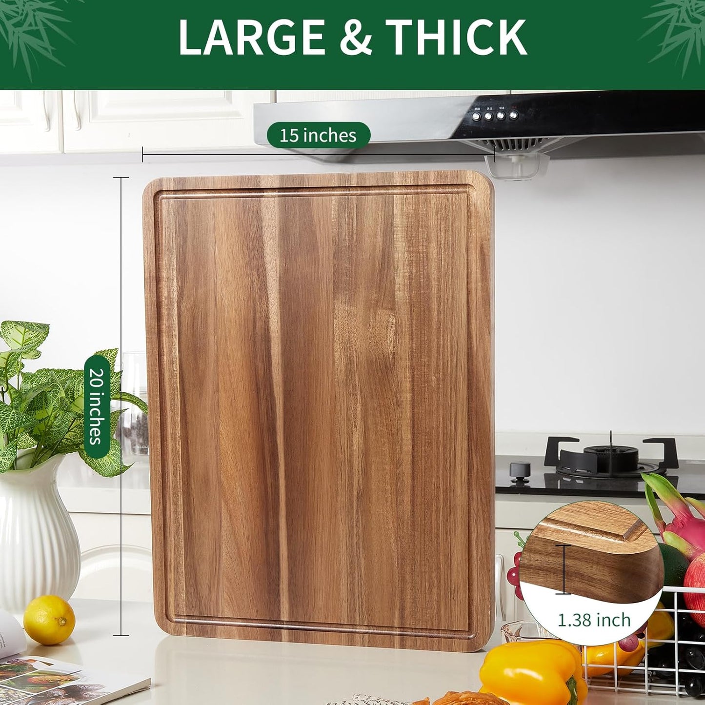 Large Wooden Cutting Board for Kitchen, 20" x 15" Acacia Wood Butcher Block Cutting Board with Juice Groove, Thick Chopping Board Carving Board for Meat Turkey Vegetables