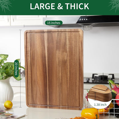 Large Wooden Cutting Board for Kitchen, 20" x 15" Acacia Wood Butcher Block Cutting Board with Juice Groove, Thick Chopping Board Carving Board for Meat Turkey Vegetables