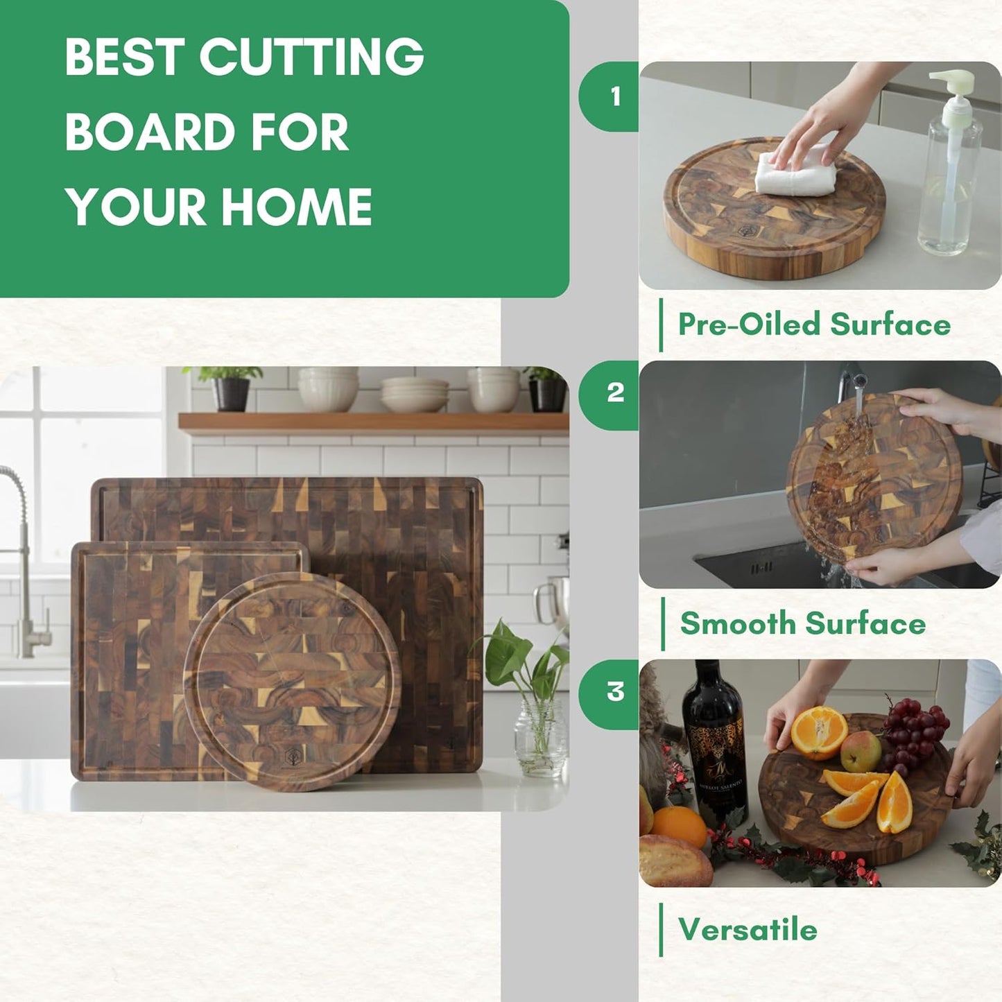 End Grain Acacia Wood Cutting Boards for Kitchen, 1.5 in Thick Butcher Block Construction for Stability, 15 x 10 in Medium Cutting Boards with Gift Box, Juice Groove and Handle