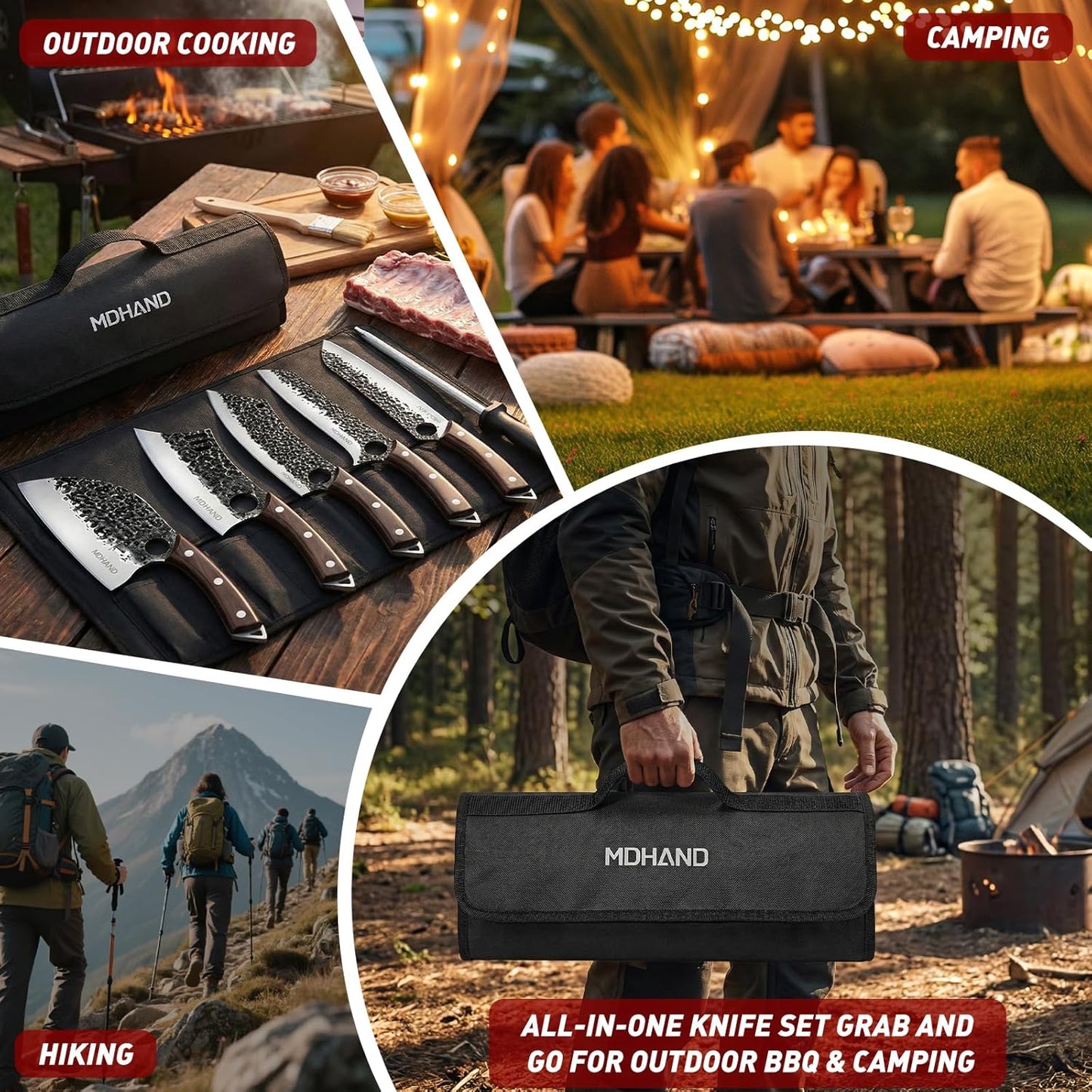 MDHAND Butcher Knife Set, 12PCS Hand Forged Serbian Chef Knife Set with Bag, High Carbon Steel Full Tang Kitchen Knives Set, Meat Cleaver & Boning Knife for Brisket Trimming BBQ Camping, Gift for Men