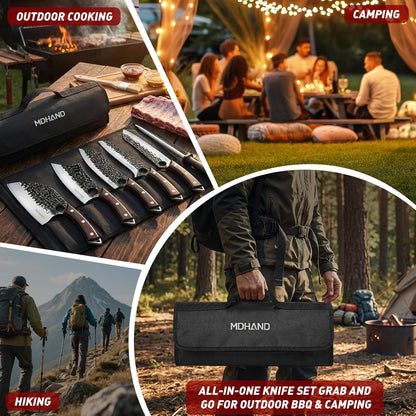 MDHAND Butcher Knife Set, 12PCS Hand Forged Serbian Chef Knife Set with Bag, High Carbon Steel Full Tang Kitchen Knives Set, Meat Cleaver & Boning Knife for Brisket Trimming BBQ Camping, Gift for Men