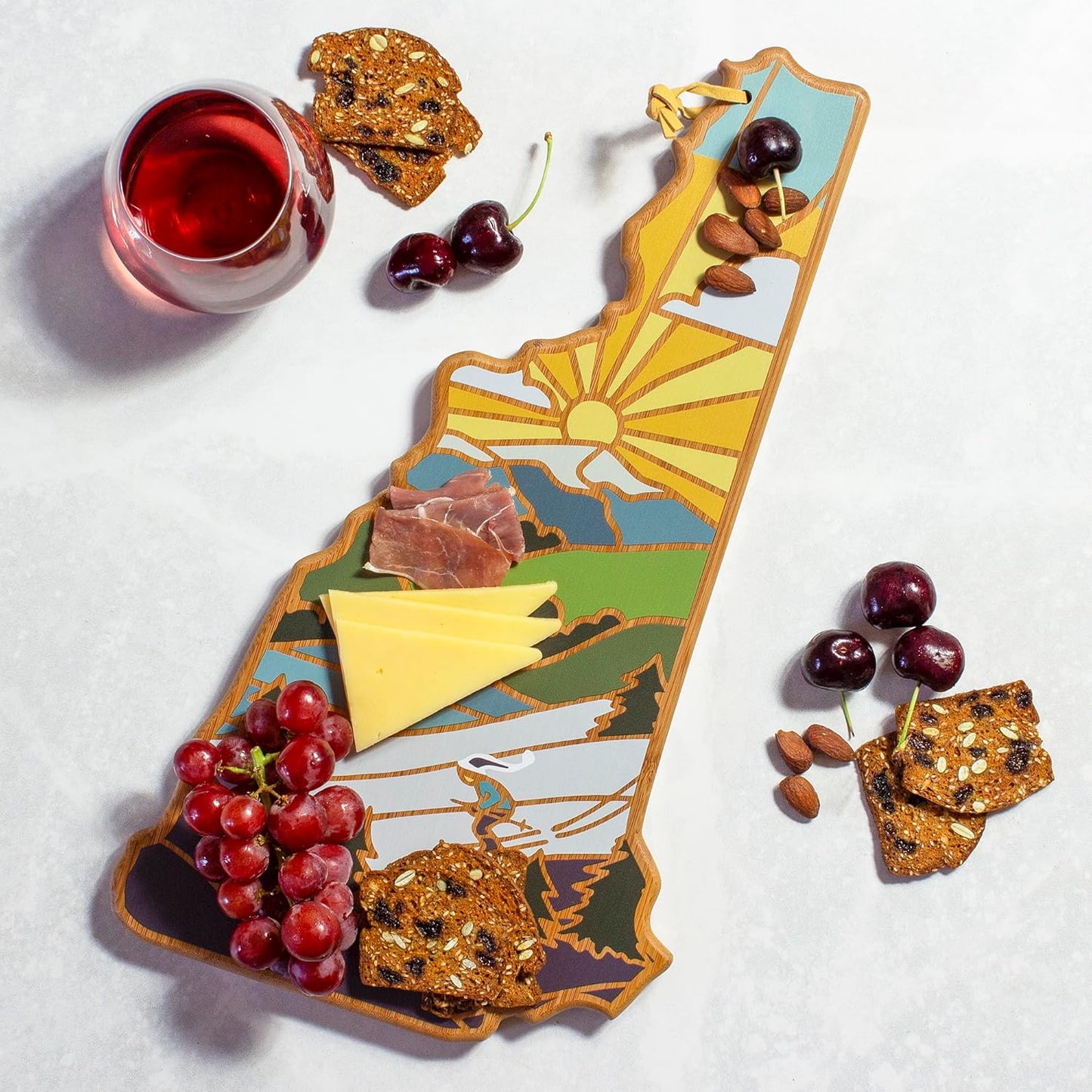 Totally Bamboo North Carolina State Shaped Cutting Board and Charcuterie Serving Platter with Artwork by Summer Stokes, Includes Hang Tie for Wall Display 18" x 8" x 5/8" - Colors B