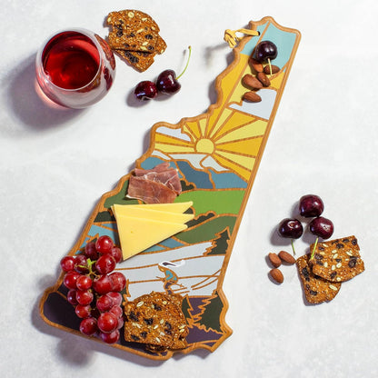 Totally Bamboo North Carolina State Shaped Cutting Board and Charcuterie Serving Platter with Artwork by Summer Stokes, Includes Hang Tie for Wall Display 18" x 8" x 5/8" - Colors B