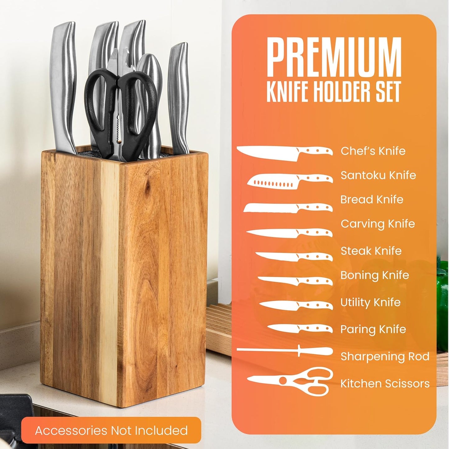 Acacia Wood Angled Knife Block with Multi-Purpose Holder – Universal Kitchen Knife Storage with Removable Bristle Insert (Honey brown, regular medium)