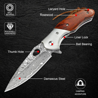 KOMWERO Damascus Pocket Knife for Men, VG10 Core Damascus Steel Folding Knife with Wood Handle, Ball Bearing, Thumb Hole, Liner Lock, Sheath for EDC Outdoor Survival Hunting