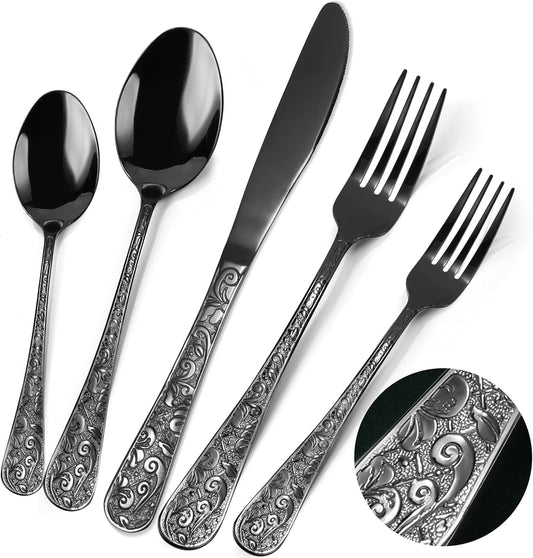 Meythway 40-Piece Vintage Carved Gold Silverware Set for 8, Stainless Steel Flatware Set with Knife/Fork/Spoon, Cutlery Set for Home and Kitchen, Utensil Set with Dishwasher Safe