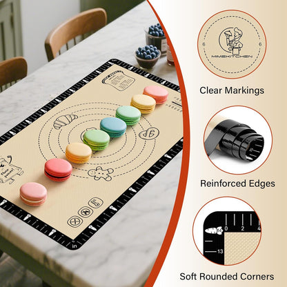 Extra Thick Silicone Baking Mat with Recipes - 26x16 inch Non Stick Pastry Mat with Measurements for Sourdough, Macarons, Bread, Pizza, Dough Rolling, Kneading, Heat Resistant to 480°F Gift for Baker