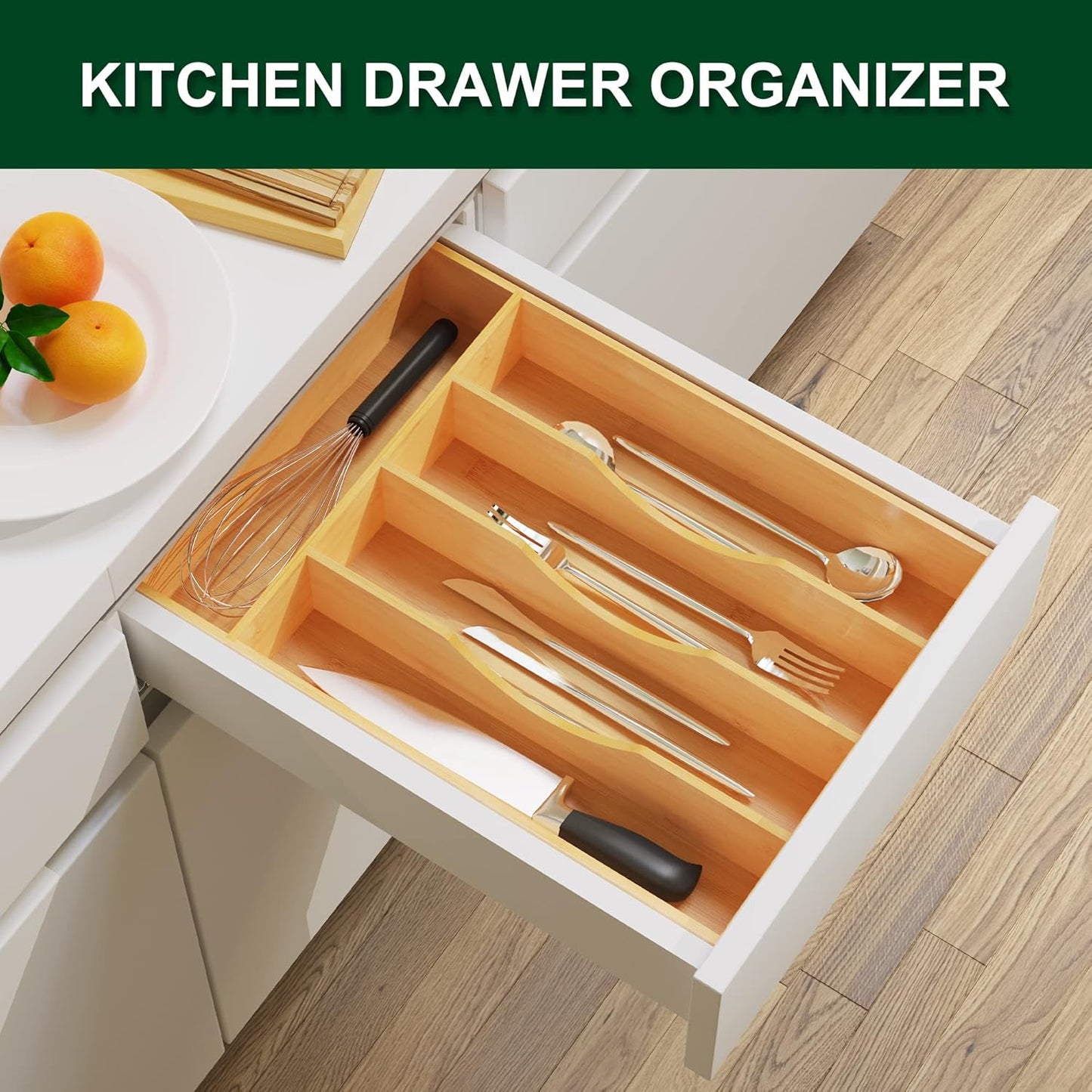 Bellsal Natural Utensil Organizer 12.5 Inch Silverware Organizer for Drawer Utensil Holder Cutlery Organizer Kitchen Drawer Organizer 7 Compartment Small Narrow Bamboo