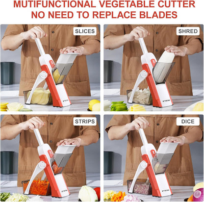 5 in 1 Safe Mandoline Slicer for Kitchen, Safe Vegetable Chopper, Paring Knife, Adjustable Thickness, Easy to Clean, Vegetable Slicer, Slicing, Strips, Shredding, Dicing, Chop (Black Knight)