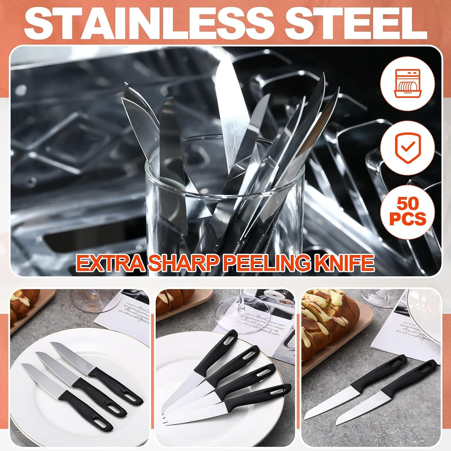 50 Pcs Paring Knives with Cover 7.5 Inch Sharp Stainless Steel Knife with Ergonomic Plastic Handle and Blade Cover for Fruit Vegetable Kitchen, Black