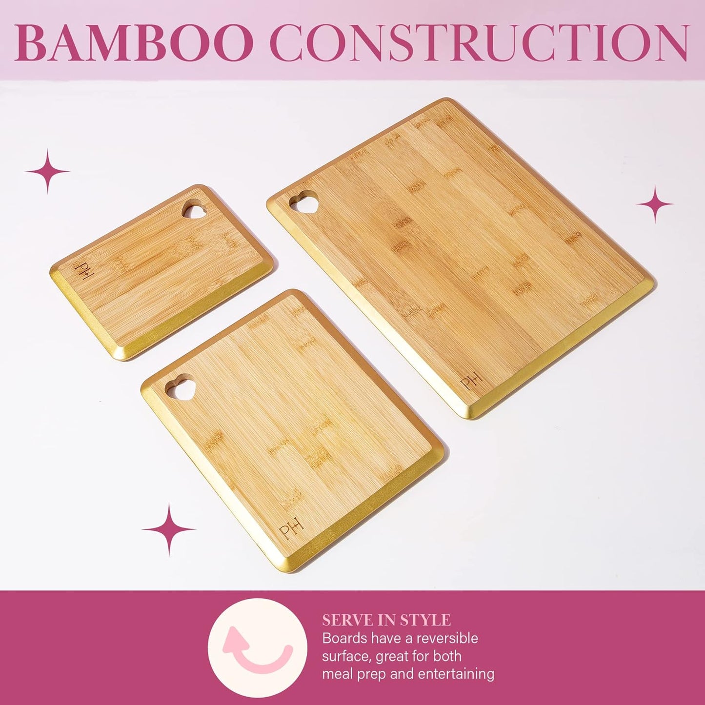 Paris Hilton Bamboo Cutting Board for Kitchen, Reversible Cutting Board and Cutlery Set with High Carbon Stainless Steel Knives and Blade Guards, Comfortable Handle Grips, 7-Piece Set, Gold and Pink
